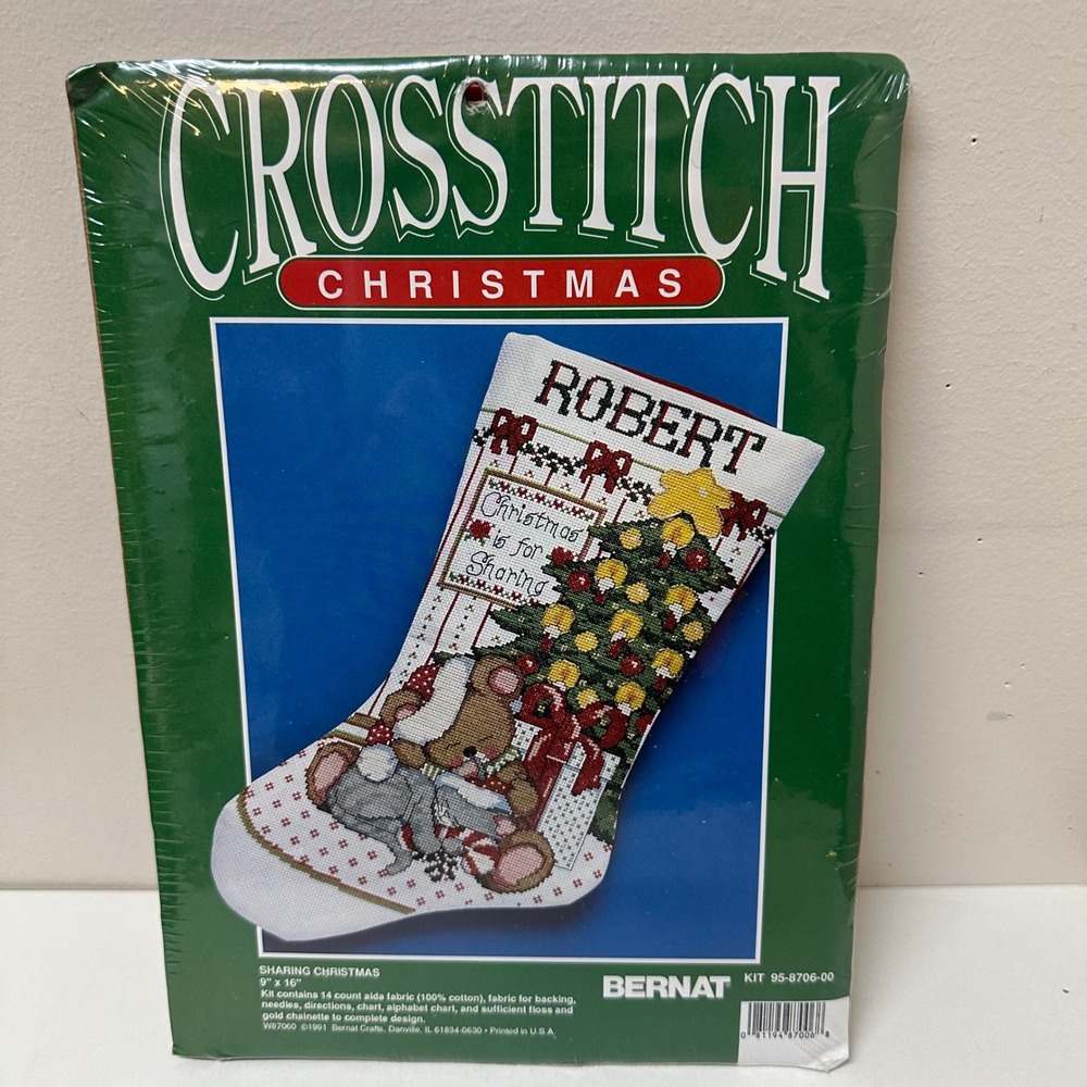Bernat Sharing Christmas Cross Stitch Stocking Kit Vintage 1991 Bear 95-8706-00